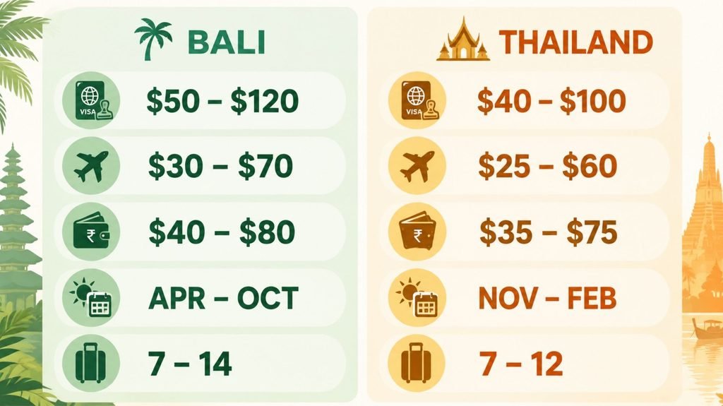 Infographic comparing Bali and Thailand 2026 travel costs, visa rules, flight prices, daily budget and best season side by side