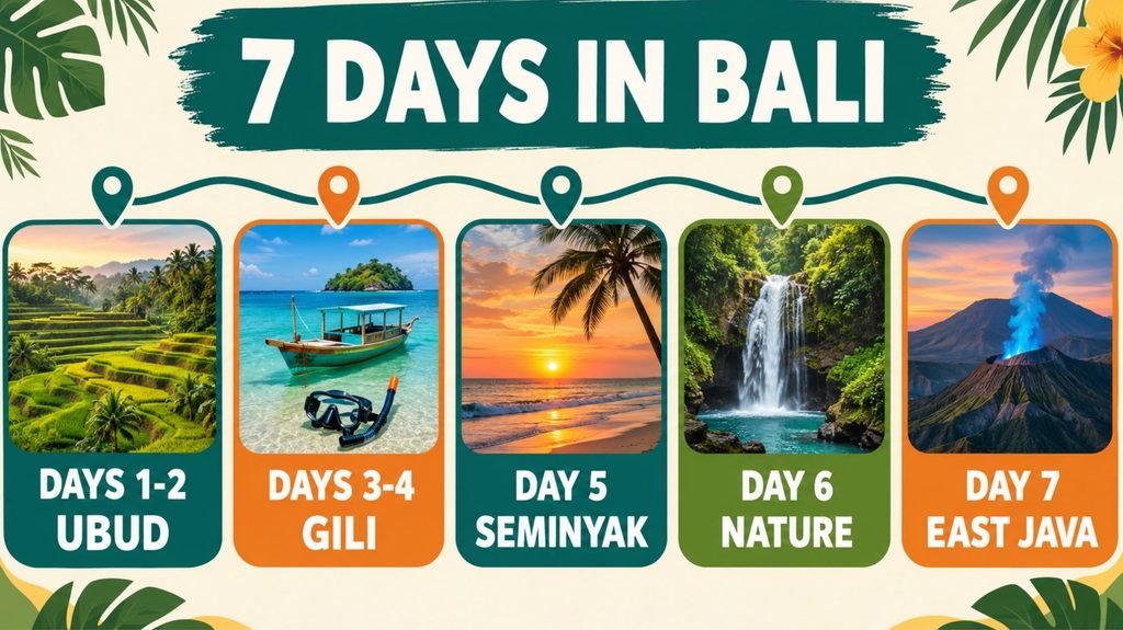 7 day Bali itinerary infographic showing Ubud, Gili Islands, Seminyak, nature day and East Java route