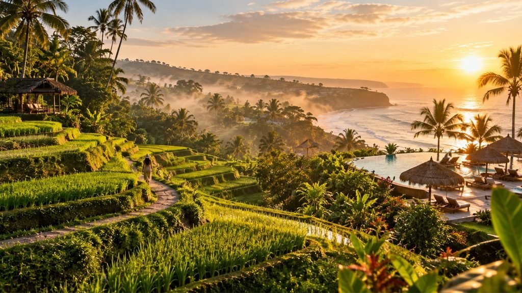 Hyperrealistic photo of Bali's Tegallalang rice terraces at sunrise, illustrating the best time to visit Bali in 2026