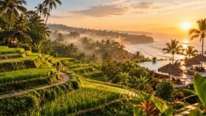 Hyperrealistic photo of Bali's Tegallalang rice terraces at sunrise, illustrating the best time to visit Bali in 2026