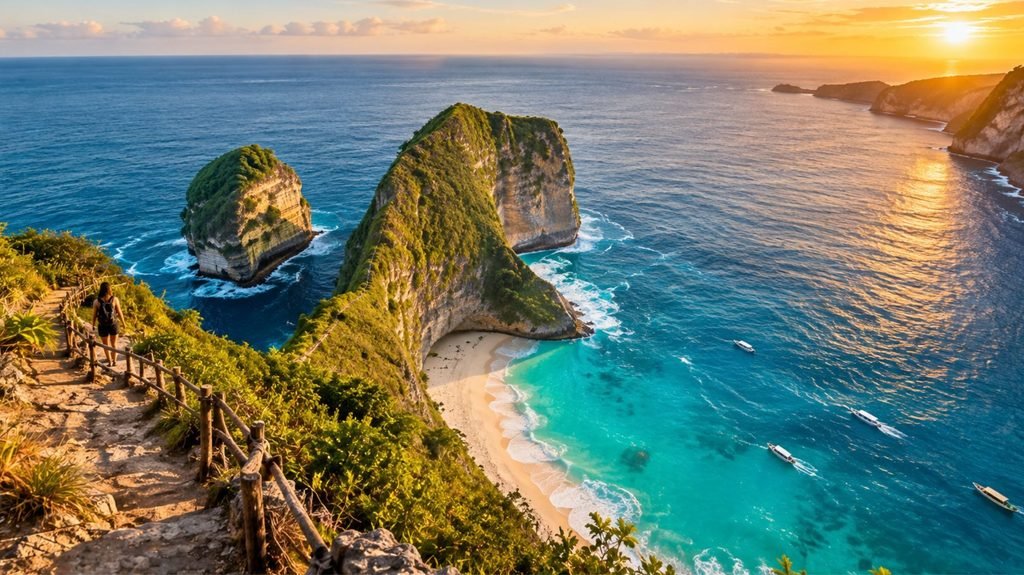 Hyperrealistic photo of Kelingking Beach cliff viewpoint on Nusa Penida, a highlight of the Bali 7 day itinerary