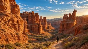 Hyperrealistic photo of Charyn Canyon's red rock formations in Kazakhstan, illustrating whether Kazakhstan is safe and worth visiting for Indian travelers