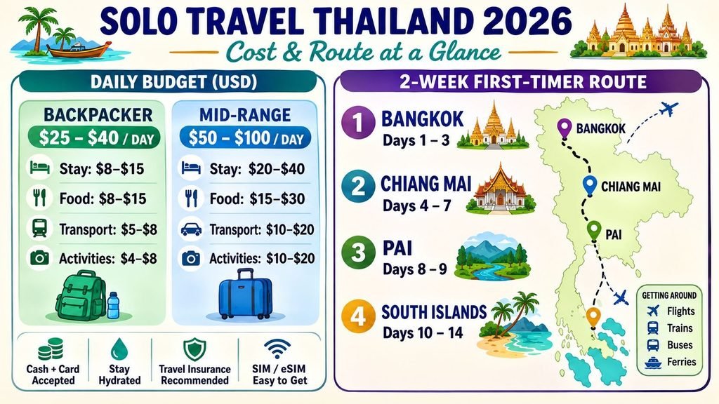Trips N Tales solo travel Thailand 2026 budget and route infographic