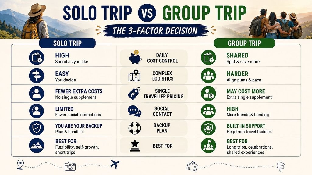 Solo trip versus group trip comparison infographic