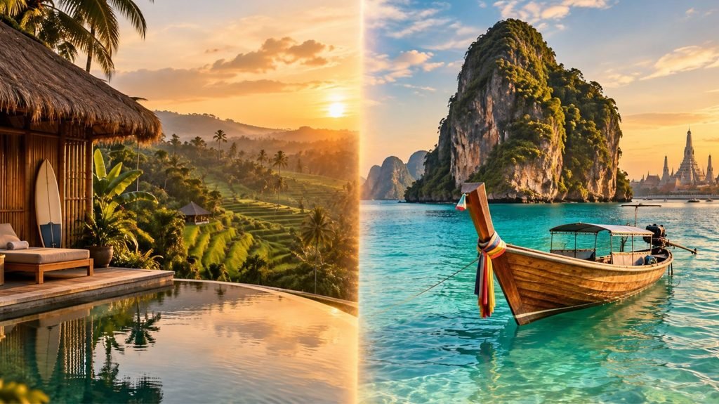 Split-screen hyperrealistic image comparing Bali rice terraces and Thailand longtail boat on turquoise water, illustrating the Bali vs Thailand 2026 travel comparison