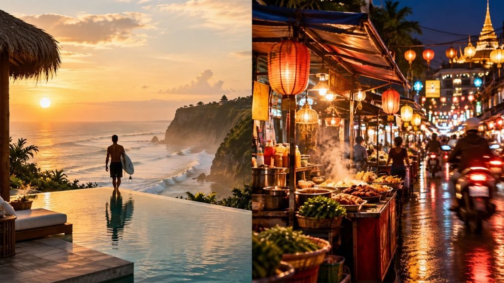 Hyperrealistic photo contrasting Bali's slow cliffside wellness vibe with Thailand's vibrant night street food market energy