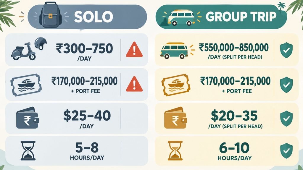 Infographic comparing solo travel costs versus a group trip to Bali, covering scooter, driver, boat ticket and daily budget figures