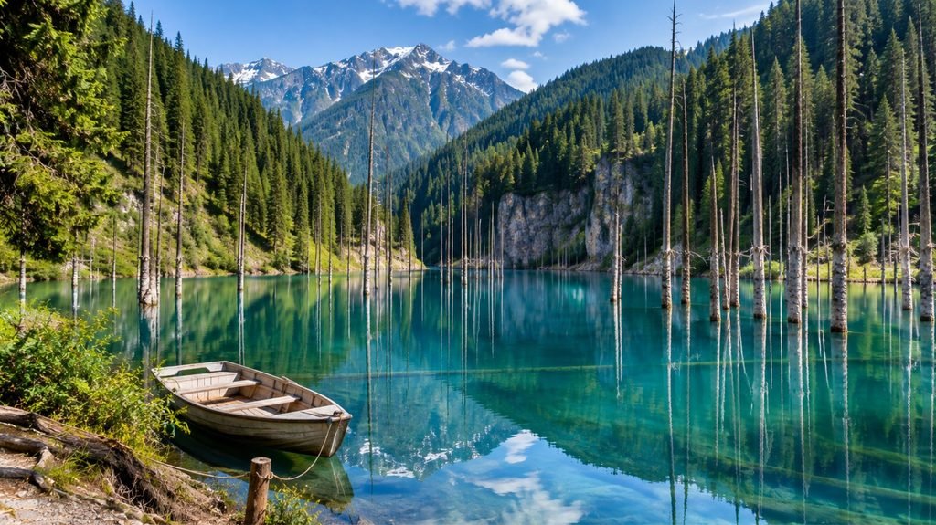 Hyperrealistic photo of Kaindy Lake's sunken forest and turquoise water near Almaty, Kazakhstan, a top day trip for travelers