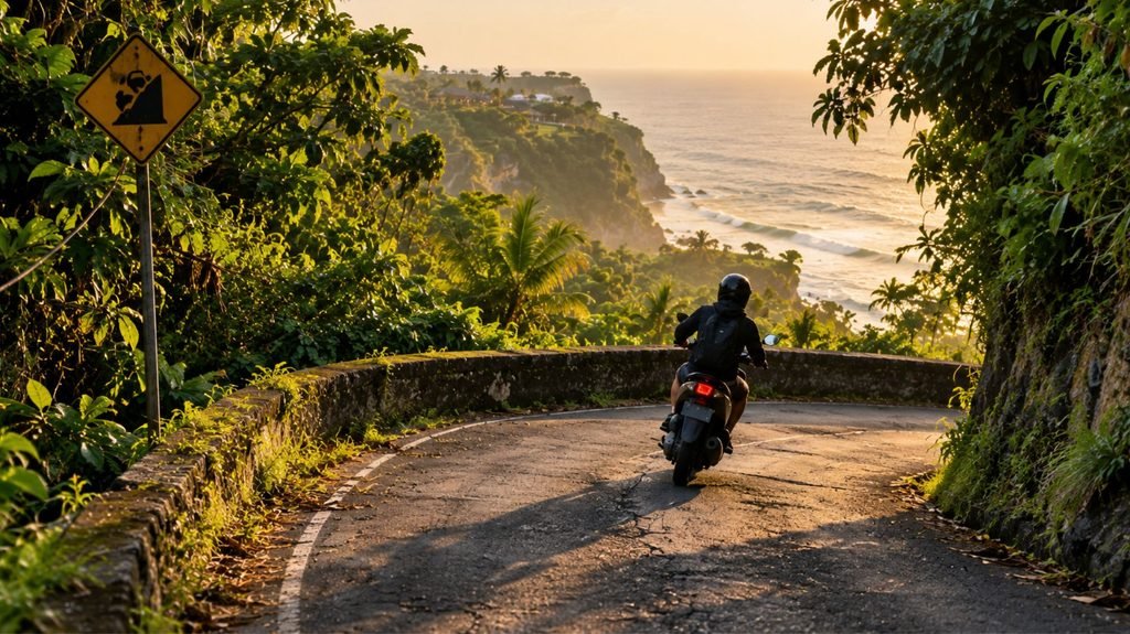Hyperrealistic photo of a scooter navigating a steep blind hillside corner near Uluwatu, illustrating Bali scooter safety risks for first-time riders