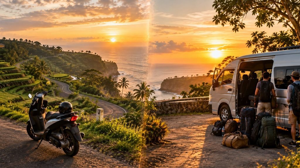 Split-screen hyperrealistic image of a solo scooter versus a group private driver van on a Bali hillside road, illustrating group trip to Bali vs solo travel